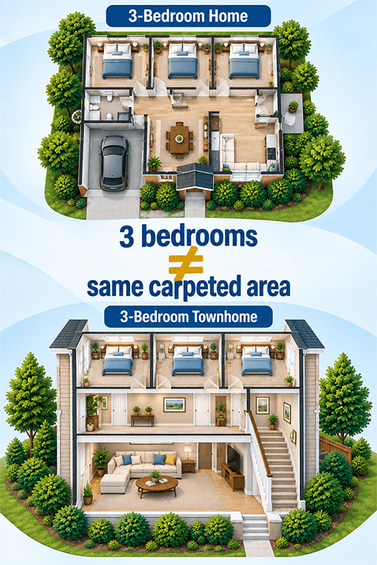 Three-bedroom homes with different carpet areas