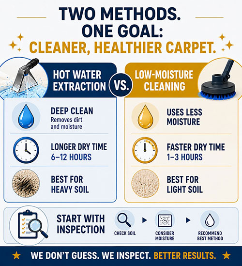 Comparison infographic: hot water extraction vs low-moisture carpet cleaning methods