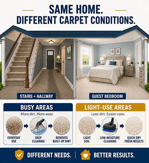 Different carpet cleaning methods for a staircase and guest bedroom in Columbia, MD