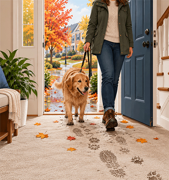 Muddy footprints and dog paw prints on hallway carpet during fall in Columbia MD, showing the need for carpet cleaning