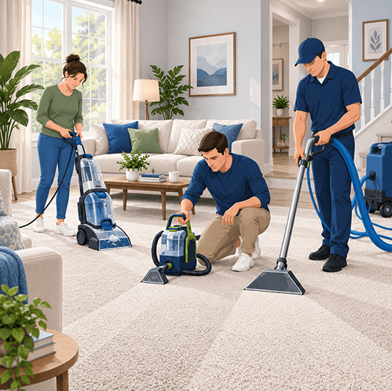Illustration comparing renting, buying, and hiring a carpet cleaner