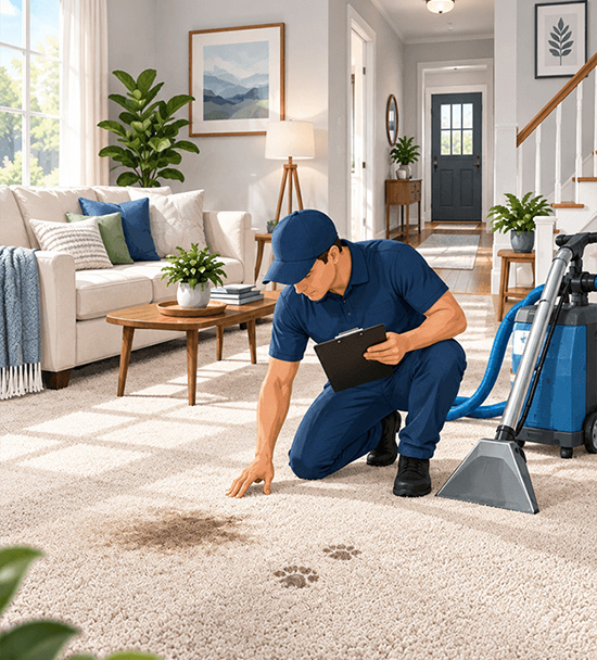 Carpet cleaning technician inspecting traffic lanes and stains before cleaning