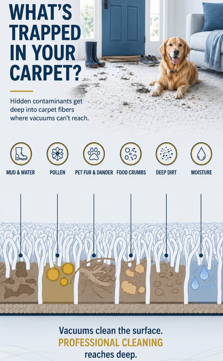 Diagram of trapped dirt and moisture inside carpet fibers