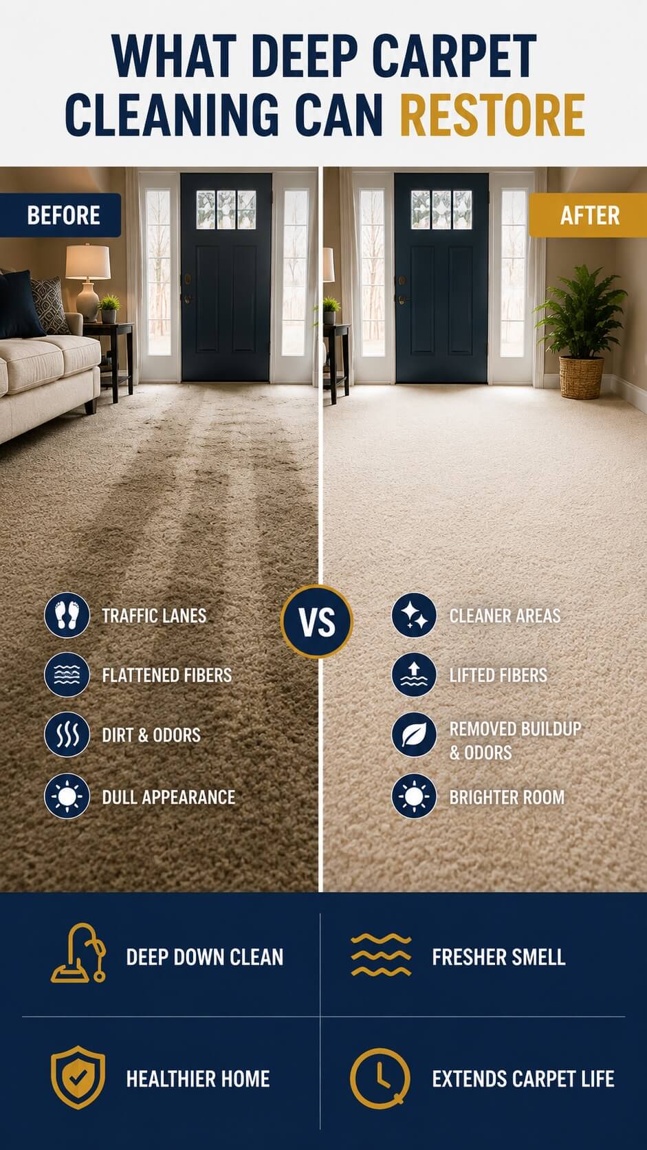 Infographic showing carpet restoration before and after professional cleaning