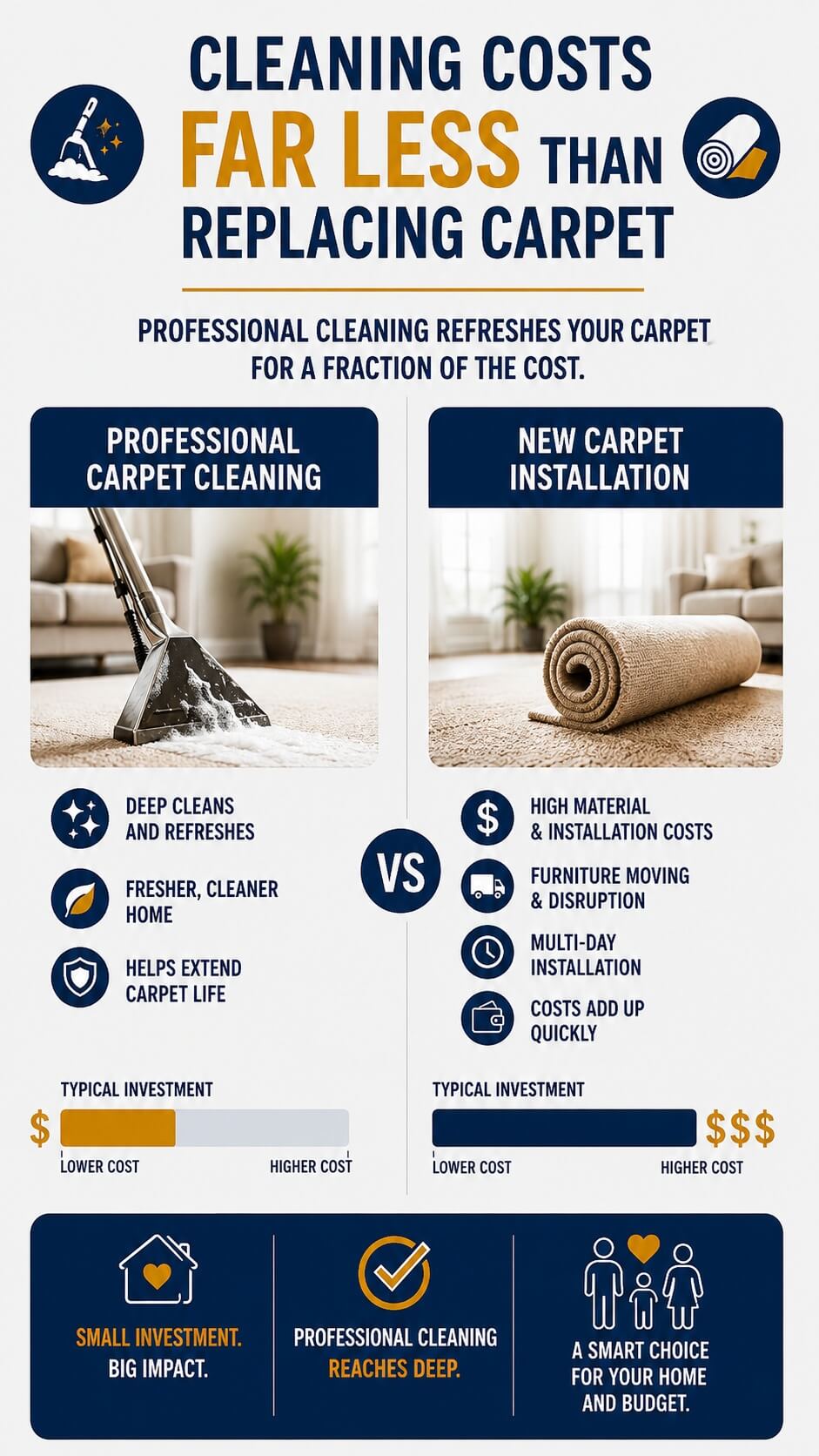 Infographic comparing cost of professional carpet cleaning vs new carpet installation