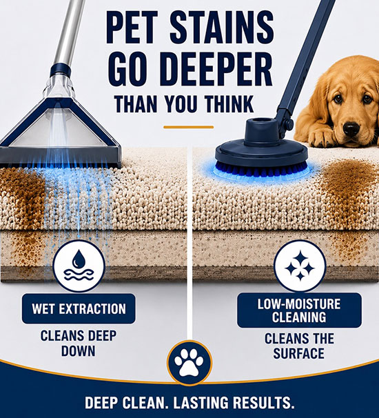 Infographic comparing hot water extraction and low-moisture carpet cleaning for pet stains